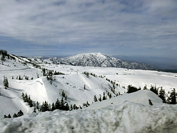 車窓から見る雪原と雪山