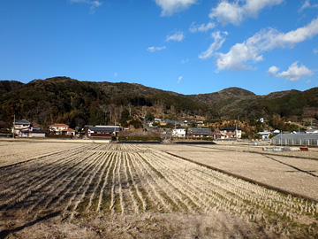 田んぼと松崎の間に横たわる山