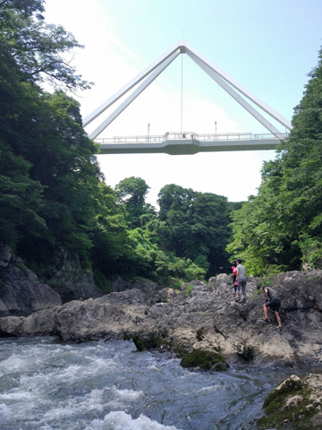 高津戸峡からはねたき橋を見上げる