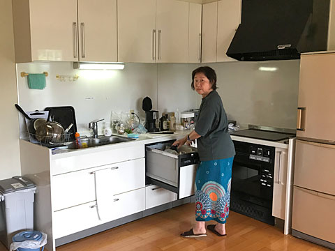 キッチンを片付けるレイナ