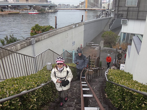 隅田川の横の階段を上る