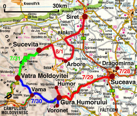 南ブコヴィナ地方の走行ルート地図