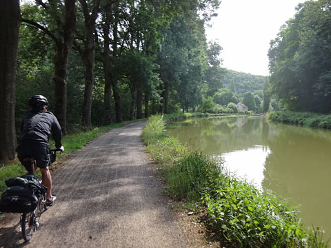 運河沿いの木陰を走る